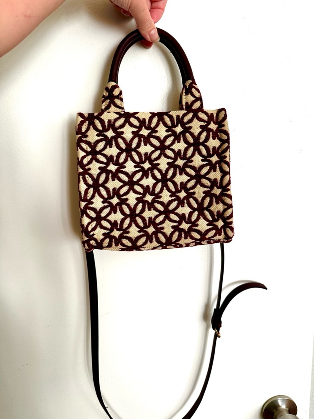 H&M Cream & Burgundy Patterned Crossbody Tote